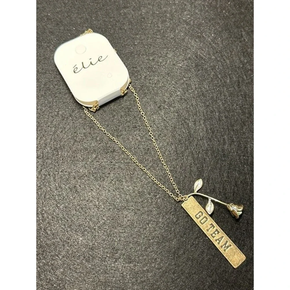 élie Gold GO TEAM Bar Pendant Necklace Rose Leaf Charm NWT New Boho Jewelry Gift